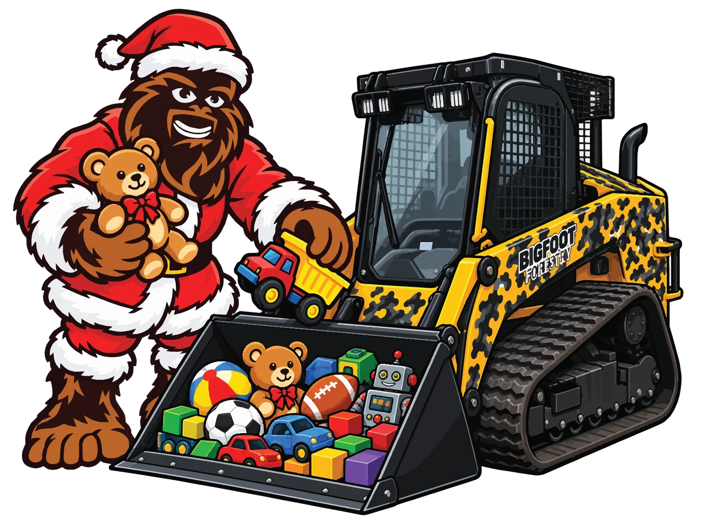 Santa Bigfoot driving a Bigfoot Forestry skid steer loaded with toys